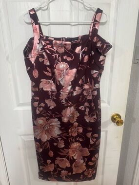 New York & Company Burgundy Midi Dress with Pink Floral Satin
